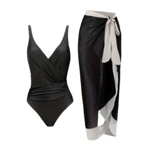 Swimsuit Black One Piece w/ Cover Up Beach Skirt Sarong Two Piece Set New